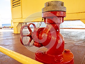 Marine red valve hydrant, part of fire extinguishing system. Industrial fire safety concept