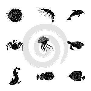 Marine and river inhabitants. Fish, whales, octopuses.Sea animals icon in set collection on black style vector symbol