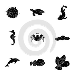 Marine and river inhabitants. Fish, whales, octopuses.Sea animals icon in set collection on black style vector symbol