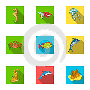 Marine and river inhabitants. Fish, whales, octopuses.Sea animals icon in set collection on flat style vector symbol