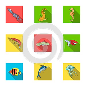 Marine and river inhabitants. Fish, whales, octopuses.Sea animals icon in set collection on flat style vector symbol