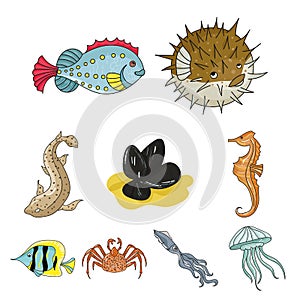 Marine and river inhabitants icons