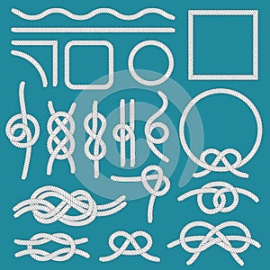 Marine rope knot. Ropes frames, cordage knots and decorative cord divider isolated vector set