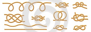 Marine rope knots. Vector illustration of jute patterns isolated on white. Antique cords of various shapes. Seamless
