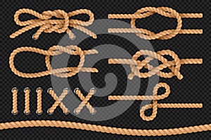 Marine ropes. Cord twisted texture, nautical ropes borders, cordage bowknot. Vector set