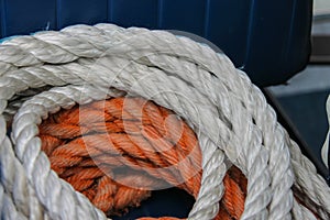 Marine ropes lying on the deck of a ship