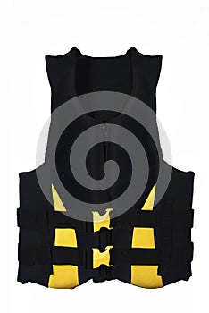 Marine safety equipment, flotation device and water activities concept with a yellow and black life jacket isolated on white