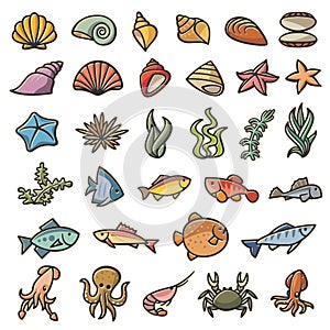 Marine sea symbols colorful set of 32 images