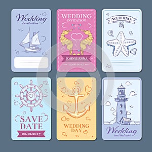 Marine, sea voyage vector wedding invitation cards set