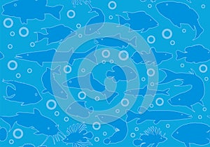 Marine seamless background. Fish in the vector on a blue background.