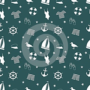 Marine seamless background. Sea icon set