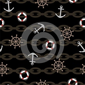 Marine seamless pattern with an anchor, steering wheel, life ring and chain. Vector.