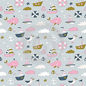 Marine seamless pattern on a blue background. Ship, yacht, albatross, whale, lifebuoys, clouds, stars, anchor. Hand