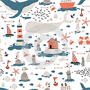 Marine seamless pattern. Childish illustration in simple hand-drawn Scandinavian style. Cute animals and fish. Whales, sharks,