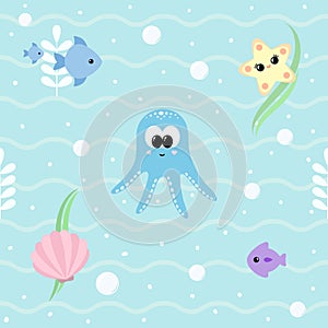 Marine seamless pattern with cute baby sea animals. Ocean background with smiling baby octopus, starfish, seashell, fishes,