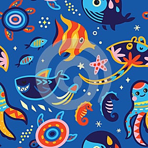 Marine seamless pattern with cute creatures in bright colours