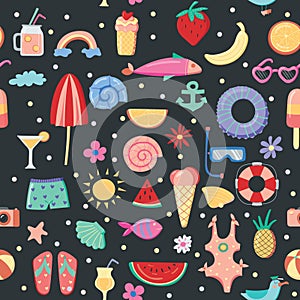 Marine seamless pattern on a dark background. Cute summer icons. Tropical holidays. Summer beach. Hand drawn. Vector