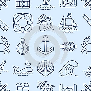 Marine seamless pattern with line icons. Vector background illustration included icon as anchor, sea wave, shell, ship