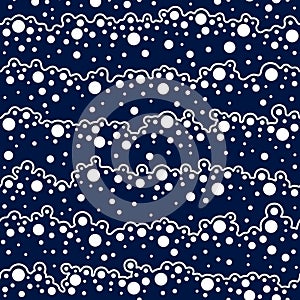 Marine seamless pattern. Navy background. Blue soap bubbles. Sea waves. Ocean wave line. Seascape water. Abstract wavy lines desig