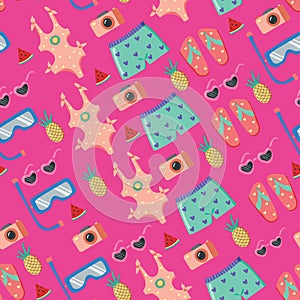 Marine seamless pattern on a pink background. Cute summer icons. Tropical holidays. Summer beach. Hand drawn. Vector