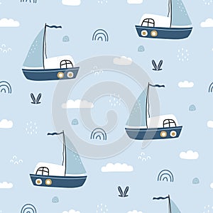 Marine seamless pattern with sailboat and water waves Hand drawn design in cartoon style