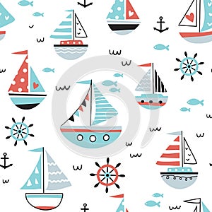 Marine seamless pattern with sailing ships and boats.