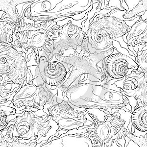 Marine seamless pattern from sea shells and starfish with waves