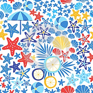 Marine seamless pattern with sea star, shell, sun umbrella and tropical leaves. Starfish background vector illustration