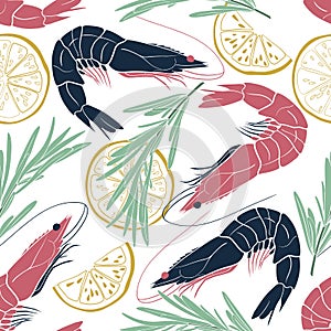 Marine seamless pattern with shrimps, slices of lemon and rosemary. Seafood vector illustration for menu,packaging, wrapping paper