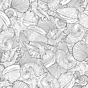 Marine seamless pattern from spiral sea shells and starfish