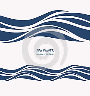 Marine seamless pattern with stylized blue waves on a light back