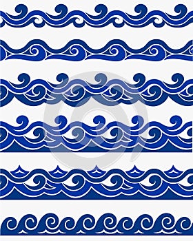 Marine seamless pattern with stylized blue waves on a light background. Water Wave sea ocean abstract vector design art