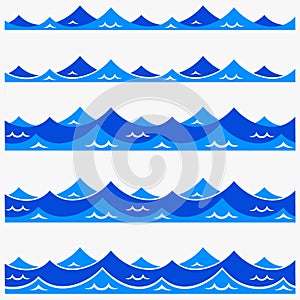 Marine seamless pattern with stylized blue waves on a light background. Water Wave sea ocean abstract vector design art