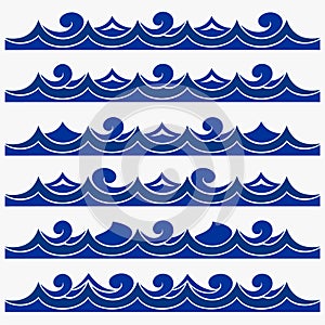 Marine seamless pattern with stylized blue waves on a light background. Water Wave sea ocean abstract vector design art