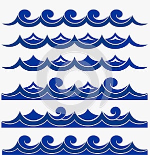 Marine seamless pattern with stylized blue waves on a light background. Water Wave sea ocean abstract vector design art