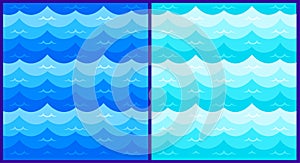 Marine seamless pattern with stylized blue waves on a light background. Water Wave sea ocean abstract vector design art