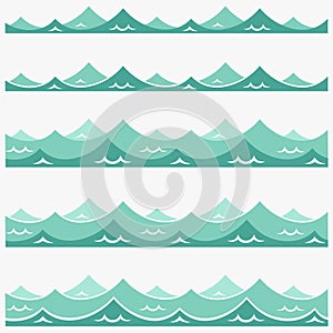 Marine seamless pattern with stylized blue waves on a light background. Water Wave sea ocean abstract vector design art
