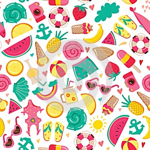Marine seamless pattern on a white background. Cute summer icons. Tropical holidays. Summer beach. Hand drawn. Vector