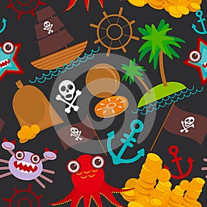 Marine seamless pirate pattern on black background. pirate boat with sail, gold coins crab octopus starfish island with palm trees