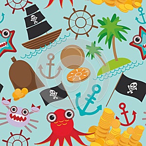 Marine seamless pirate pattern on light blue background. pirate boat with sail, gold coins crab octopus starfish island with palm