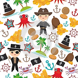 Marine seamless pirate pattern on wite background. pirate boat with sail, gold coins crab octopus starfish island with pa