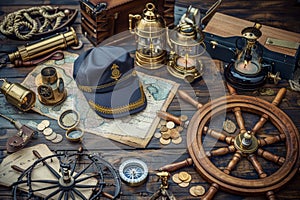 marine set for adveturers, old map, compass, wood, brass equipment, telescope