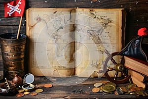 marine set for adveturers, old map, compass, wood, brass equipment, telescope