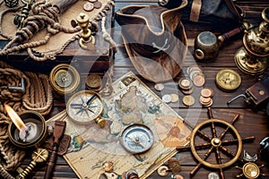 marine set for adveturers, old map, compass, wood, brass equipment, telescope