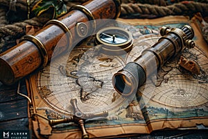 marine set for adveturers, old map, compass, wood, brass equipment, telescope