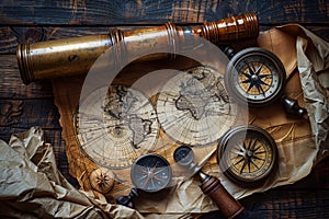 marine set for adveturers, old map, compass, wood, brass equipment, telescope