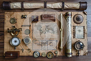 marine set for adveturers, old map, compass, wood, brass equipment, telescope