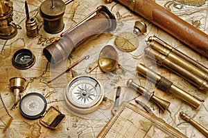 marine set for adveturers, old map, compass, wood, brass equipment, telescope