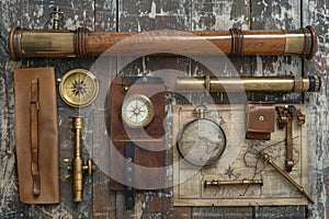 marine set for adveturers, old map, compass, wood, brass equipment, telescope