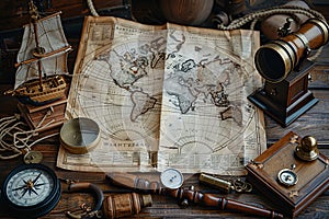 marine set for adveturers, old map, compass, wood, brass equipment, telescope